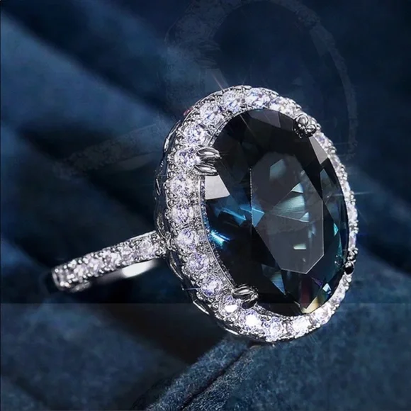 NEW 925 SILVER OVAL LONDON BLUE DIAMOND RING - Picture 2 of 6